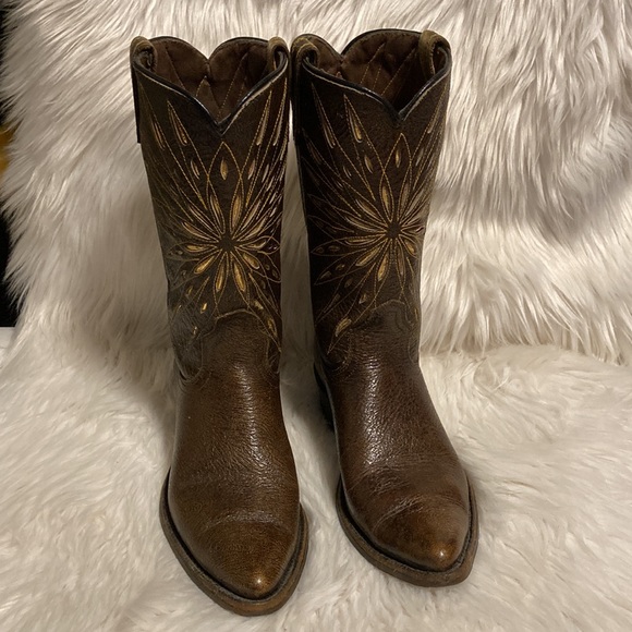 SOLD ❌Vintage ACME - Cowboy Boots Brown Leather w Gold Design Narrow Cowgirl - Picture 3 of 13